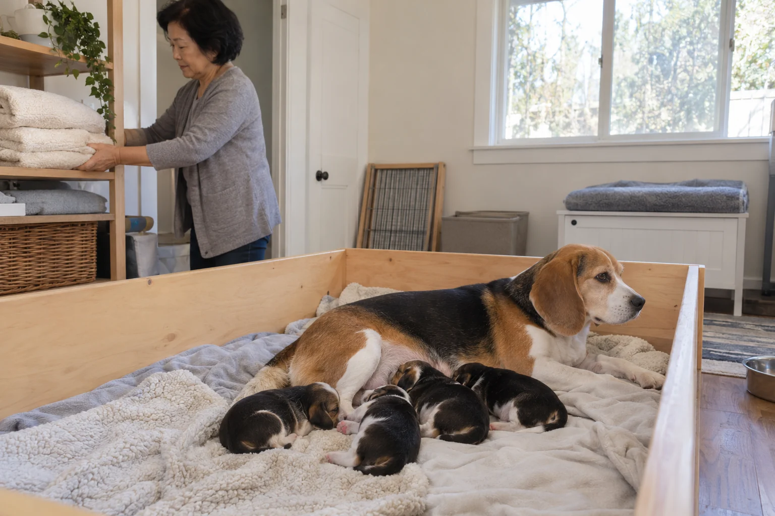 An older woman arranges towels outside a whelping box where a beagle mother rests with four small puppies.