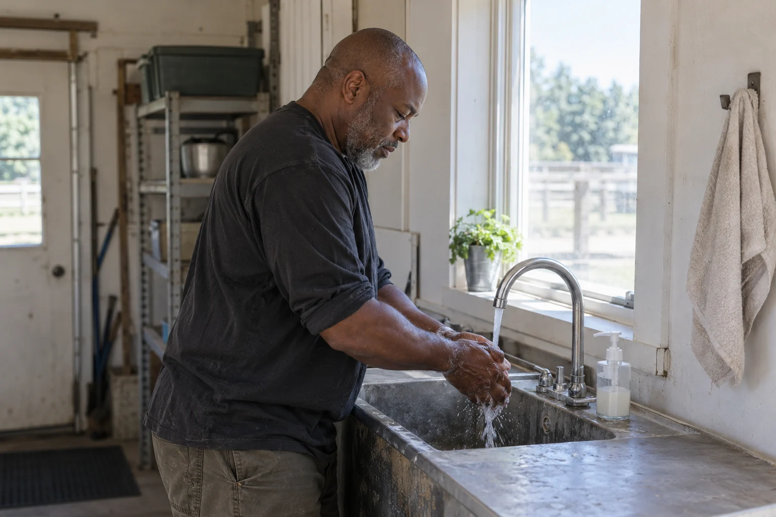 A man washes his hands at a utility sink before nursery work.