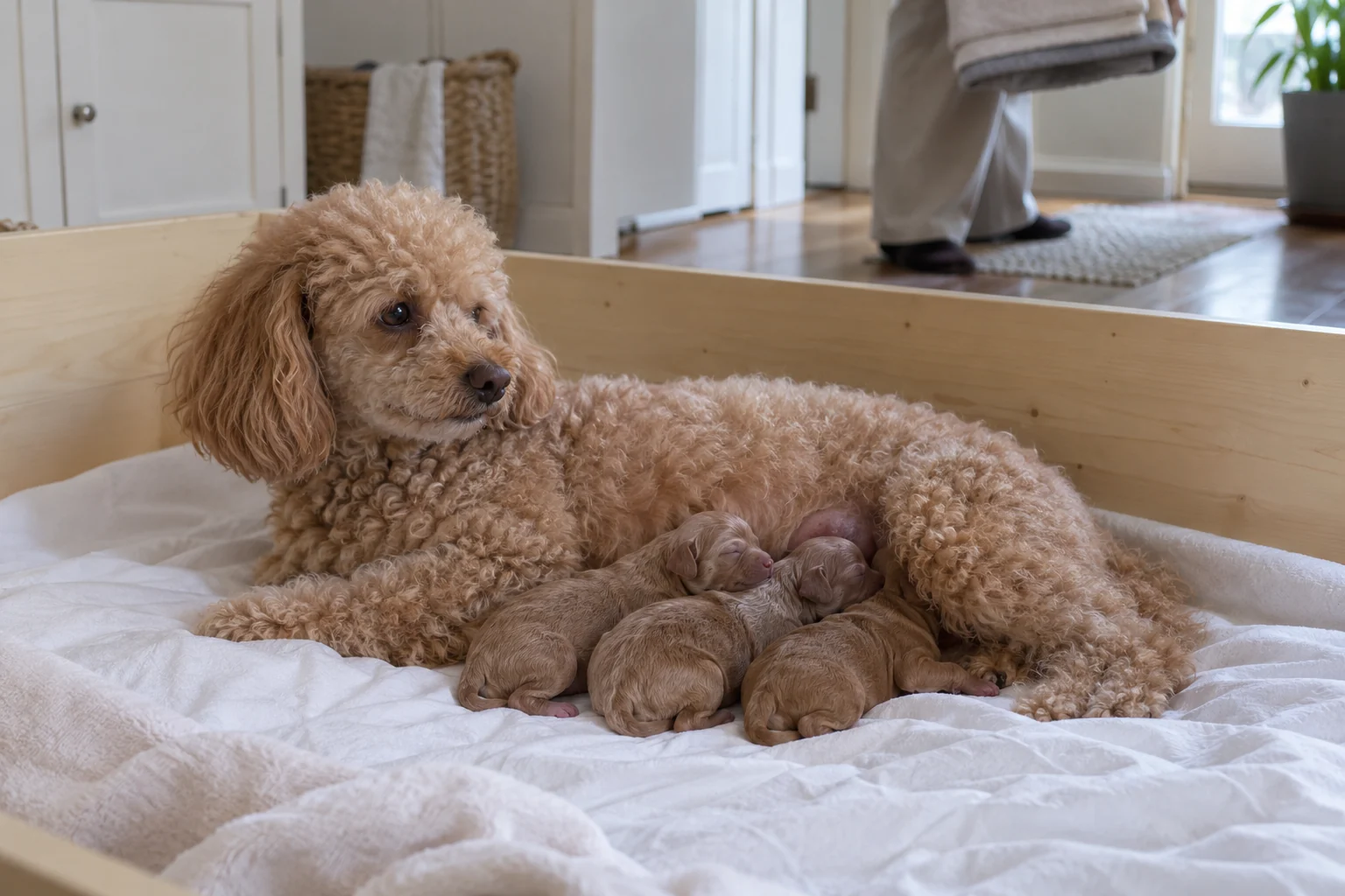 An apricot poodle mother rests on plain bedding with three newborn puppies nearby.
