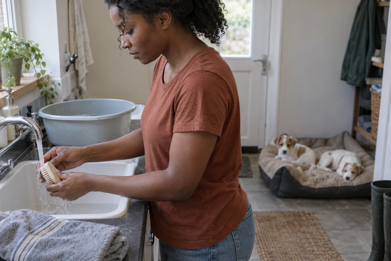 A woman rinses a soft brush at a utility sink while two terrier puppies rest across the room.