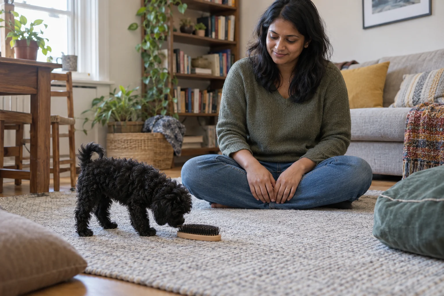 A seated woman watches a black poodle puppy sniff a plain brush on a rug.