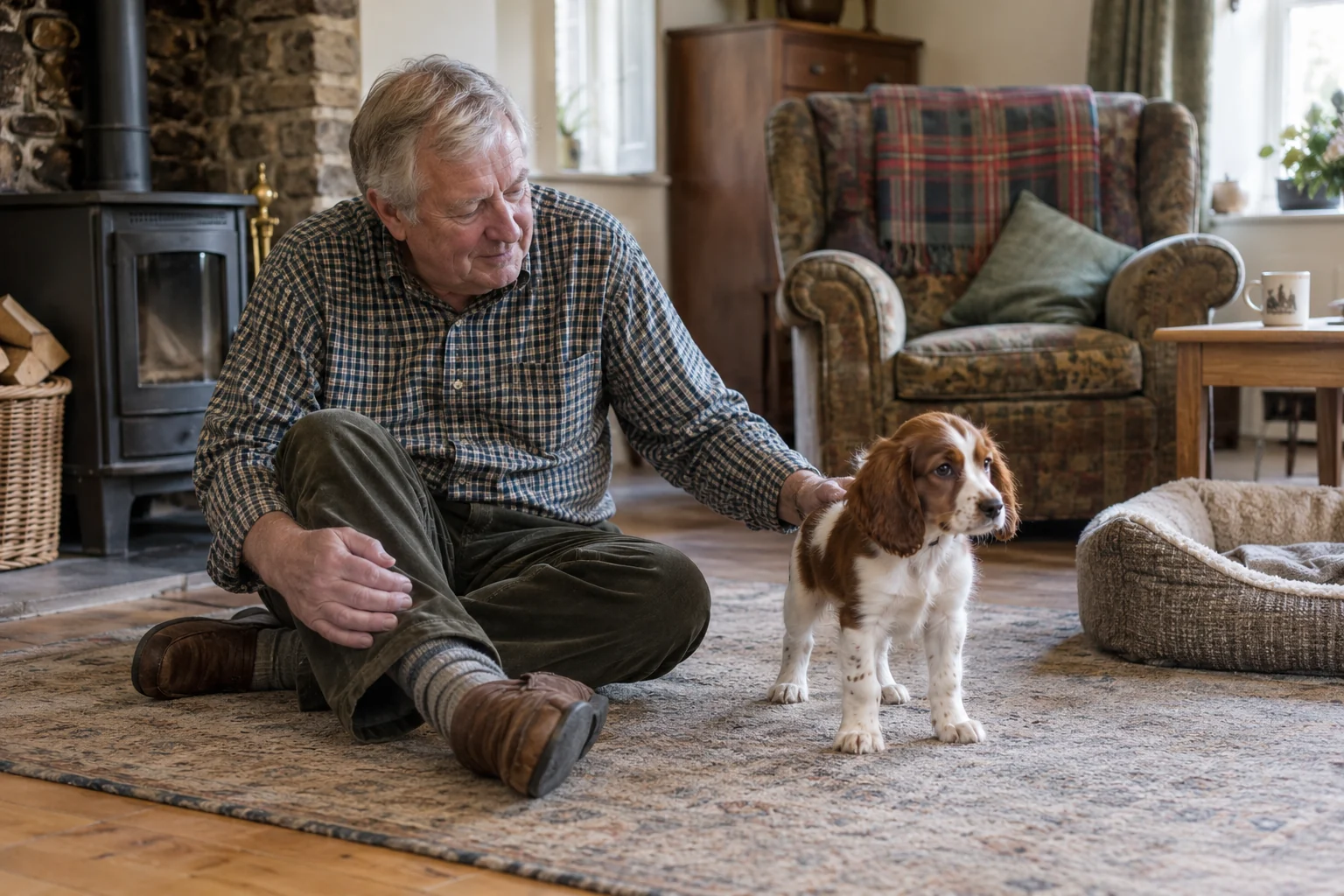 An older man seated on a rug rests one hand lightly on a standing spaniel puppy’s upper back.