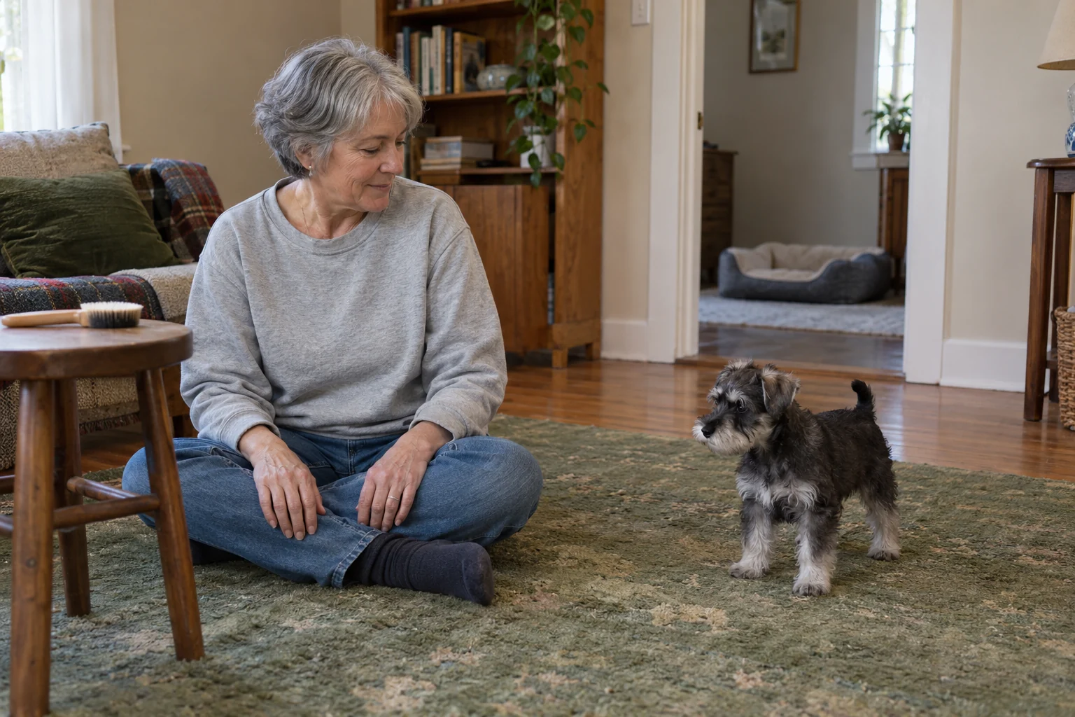 A seated older woman has her hands on her knees while a schnauzer puppy stands nearby; a brush is set on a stool.