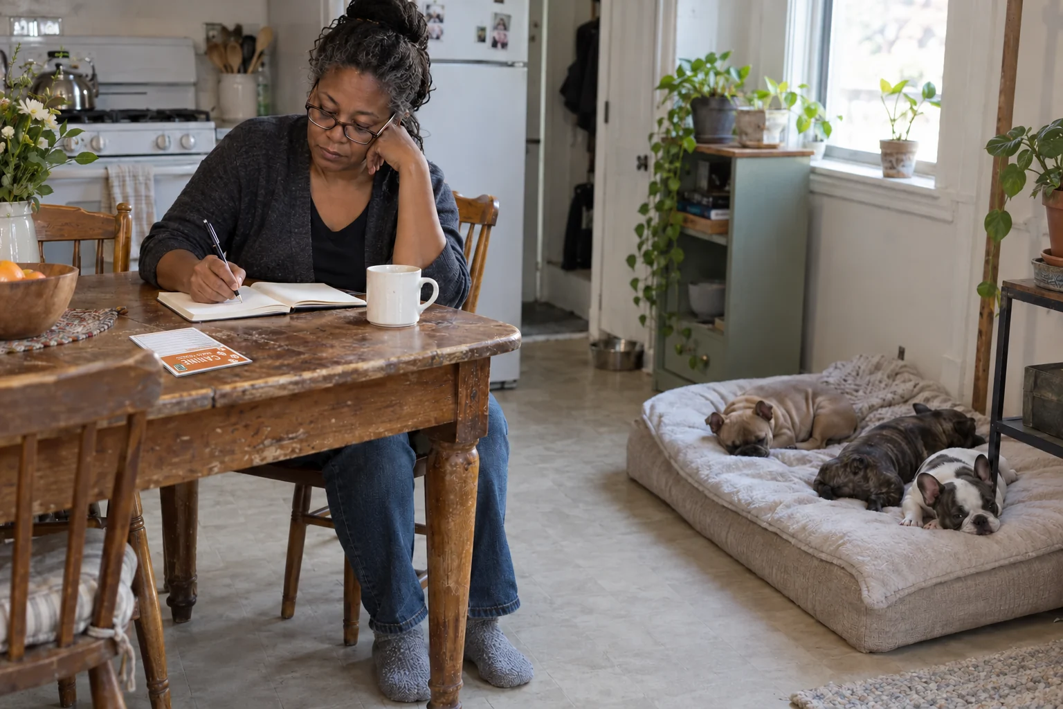 A woman writes in a notebook at a kitchen table while three French bulldog puppies rest on a low bed nearby.