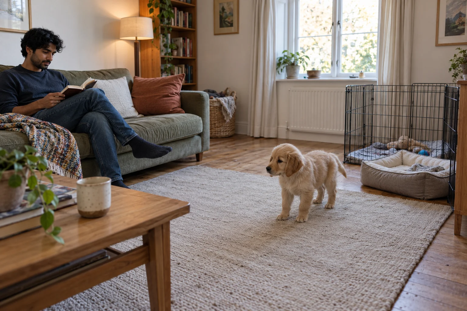 A young man reads on a sofa while a golden retriever puppy stands on a rug with open space toward a nearby bed and pen.