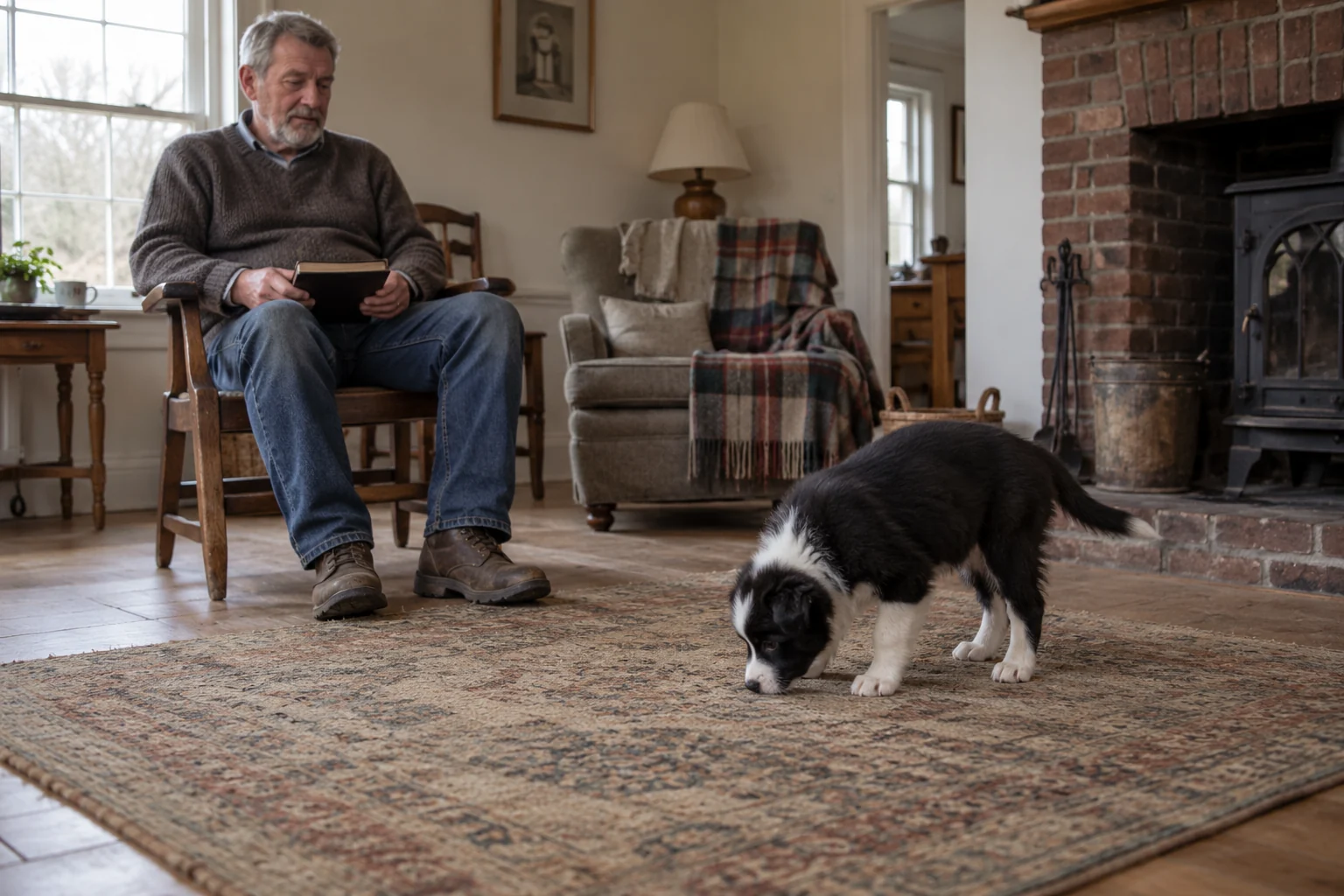 An older man watches a Border collie puppy sniff a rug in a sitting room.