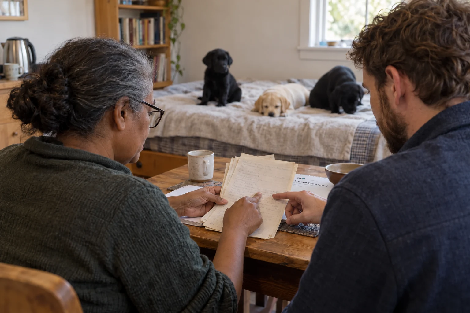 Two adults compare paper notes at a table with Labrador puppies resting in the background.