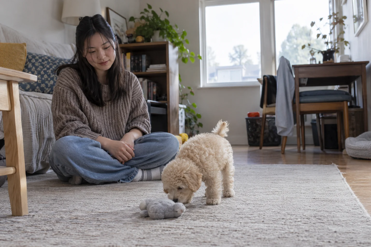 A seated young woman watches a cream poodle puppy nose a soft toy on a rug.