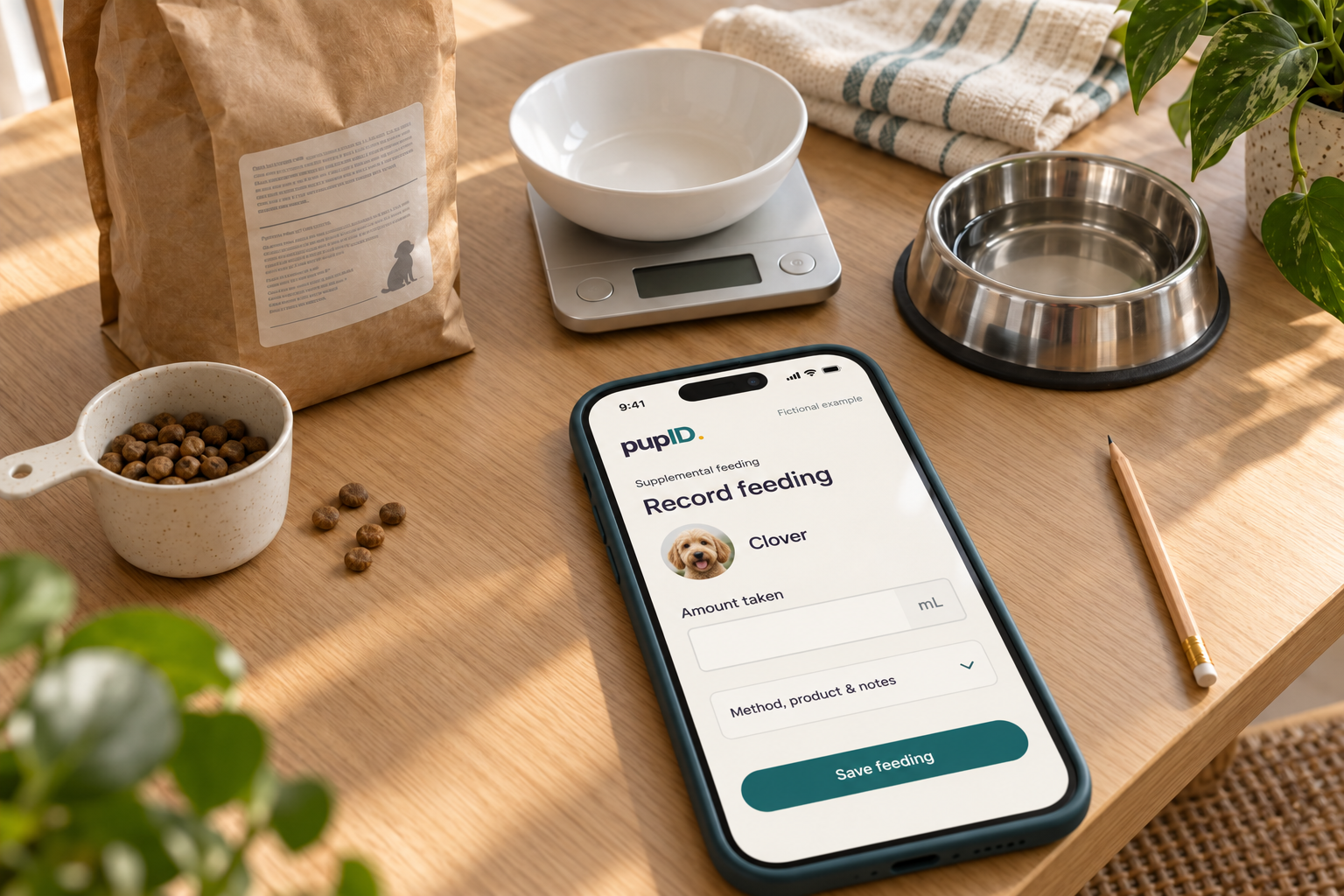A phone showing supplemental feeding entry beside a food bag, measuring cup, kitchen scale and water bowl.
