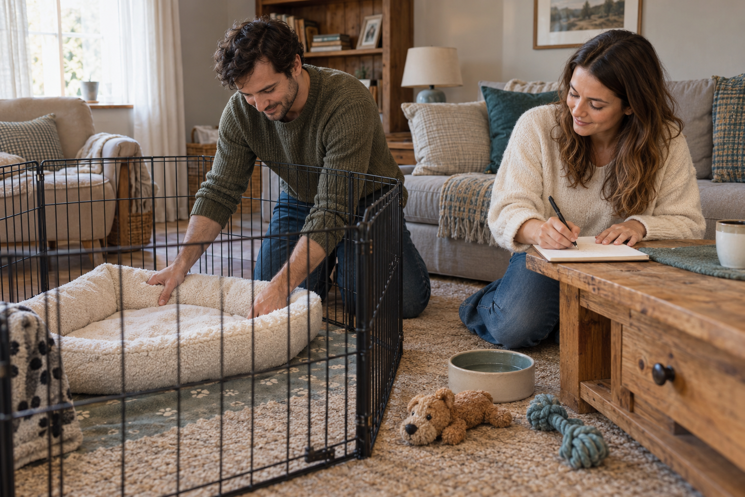 Two adults prepare for a puppy: one arranges a bed in a puppy pen while the other writes a household plan.