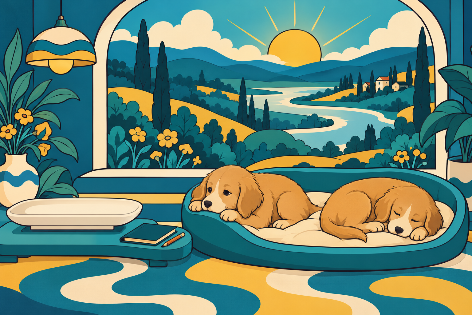 A flat folk-art puppy nursery with a prepared weighing station, two puppies resting in a bed, and morning hills through a large window.