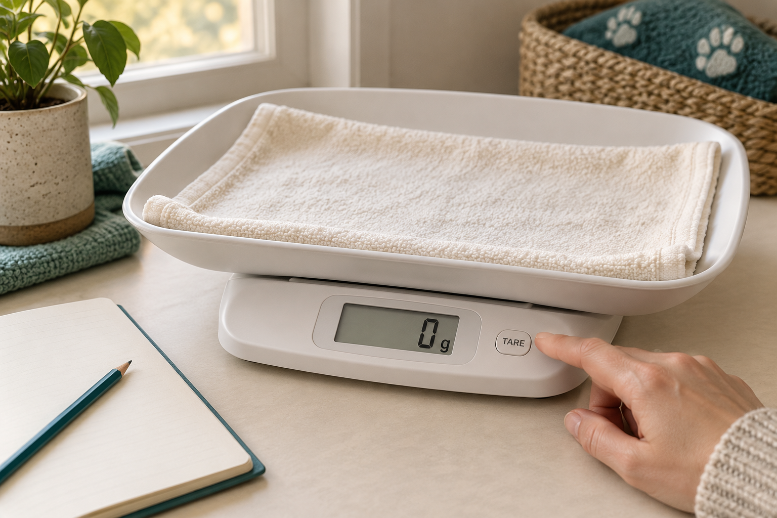 An empty towel-lined scale beside a blank log, showing zero grams before the puppy is added.