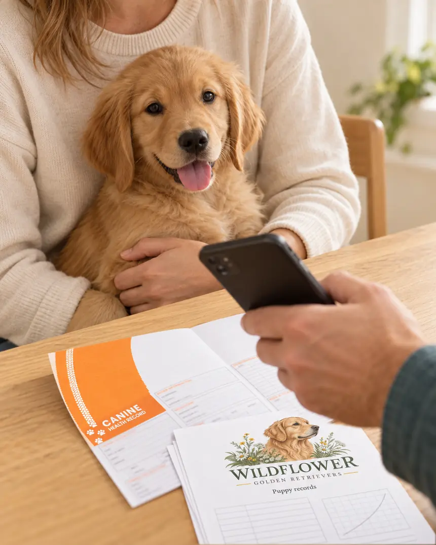 A family member holds a golden puppy as another adult scans at the kitchen table, beside the health booklet and take-home puppy records clearly branded Wildflower Golden Retrievers.