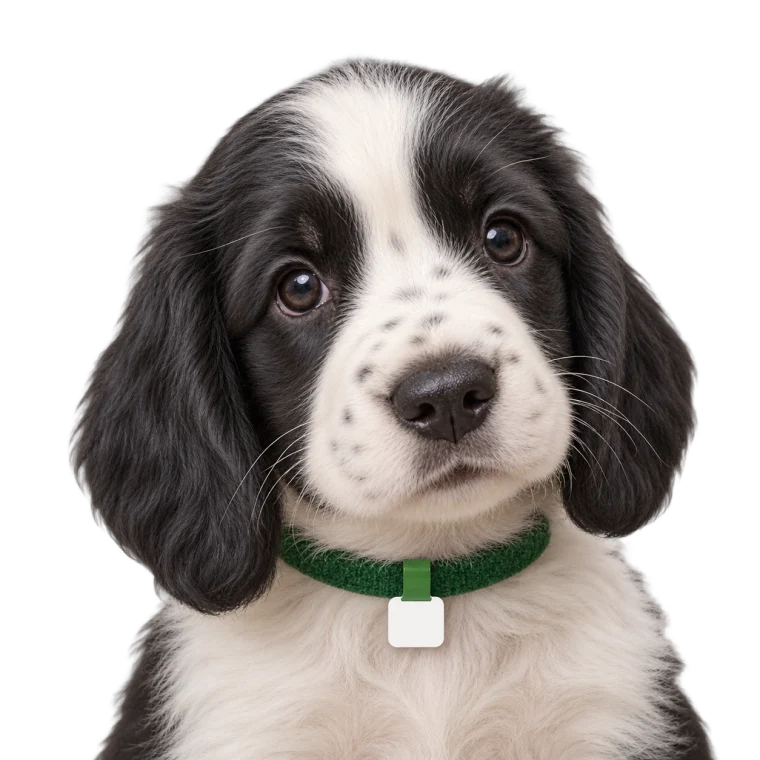 Spaniel puppy wearing the approved green collar